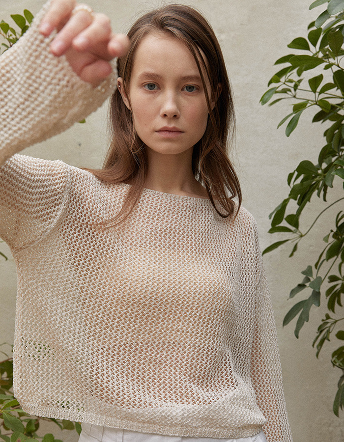 LENUEE) Crochet knitted top (Light beige)