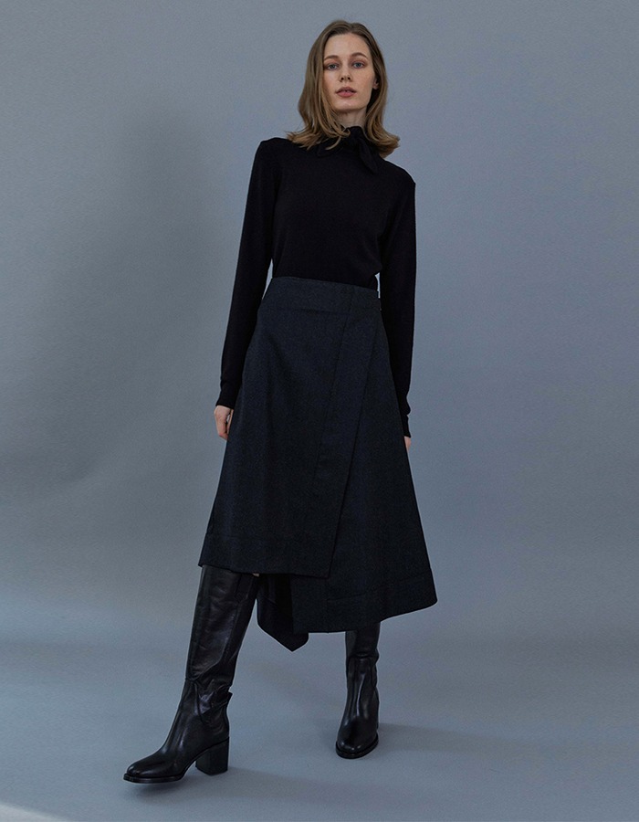 lenuee) Belted Wrap skirt (Charcoal)