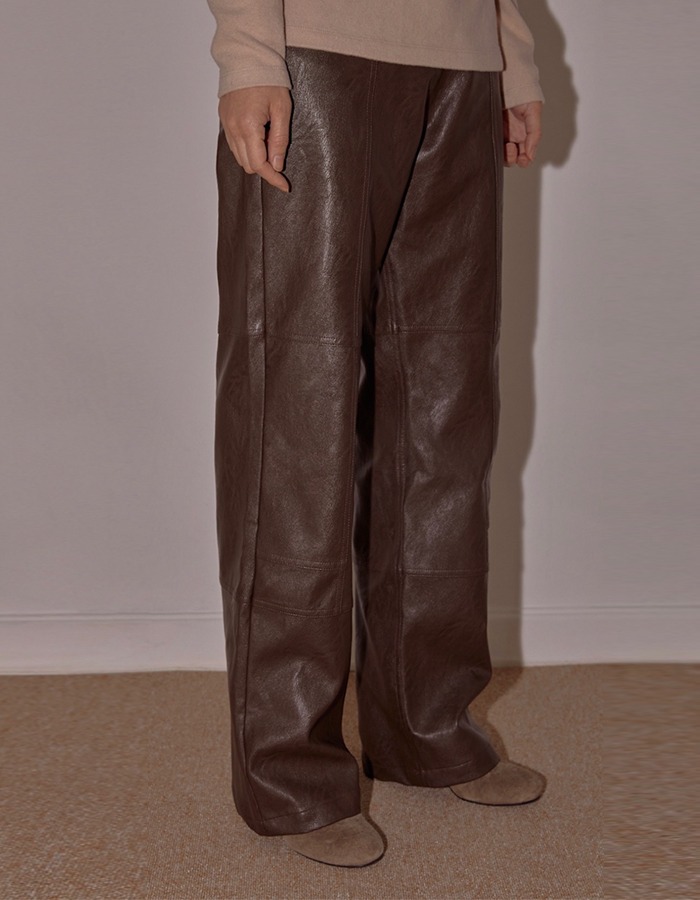 cosmoss) Stitch Detail Vegan Leather Pants (Dark Brown)