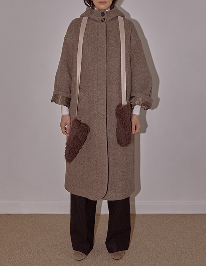 cosmoss) Herringbone Hooded Coat (Fog Brown)