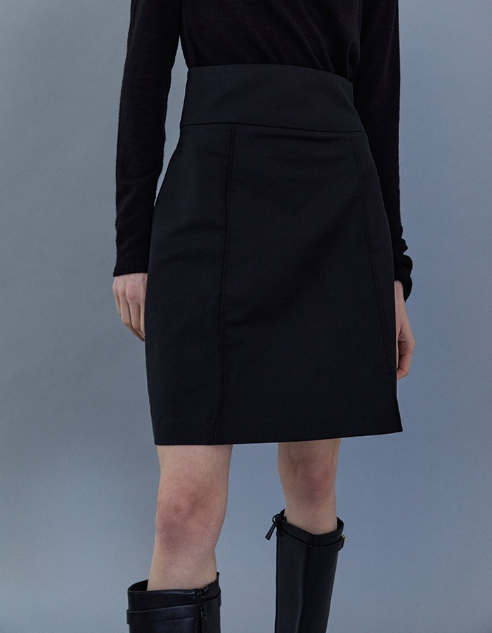 lenuee) Cotton High-waist silhouette skirt (Black)