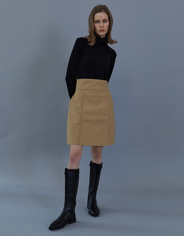 lenuee) Cotton High-waist silhouette skirt (Beige)