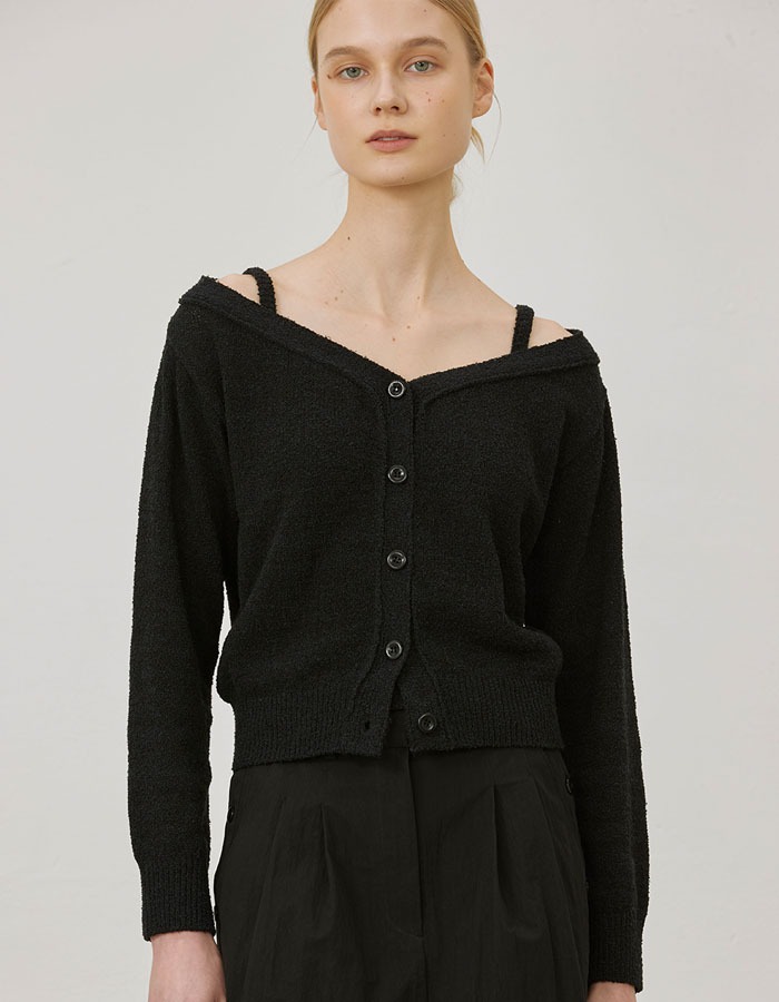lenuee) Carrie boat-neck cardigan set_Black