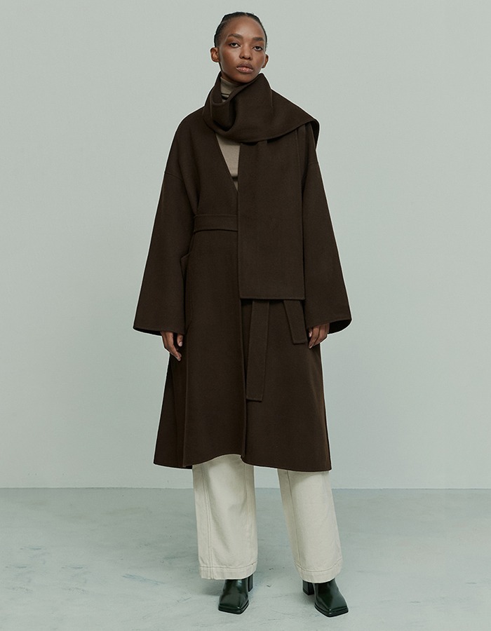 RE RHEE) CASHMERE WOOL BLEND SCARF DETAILED COAT CHOCOLATE