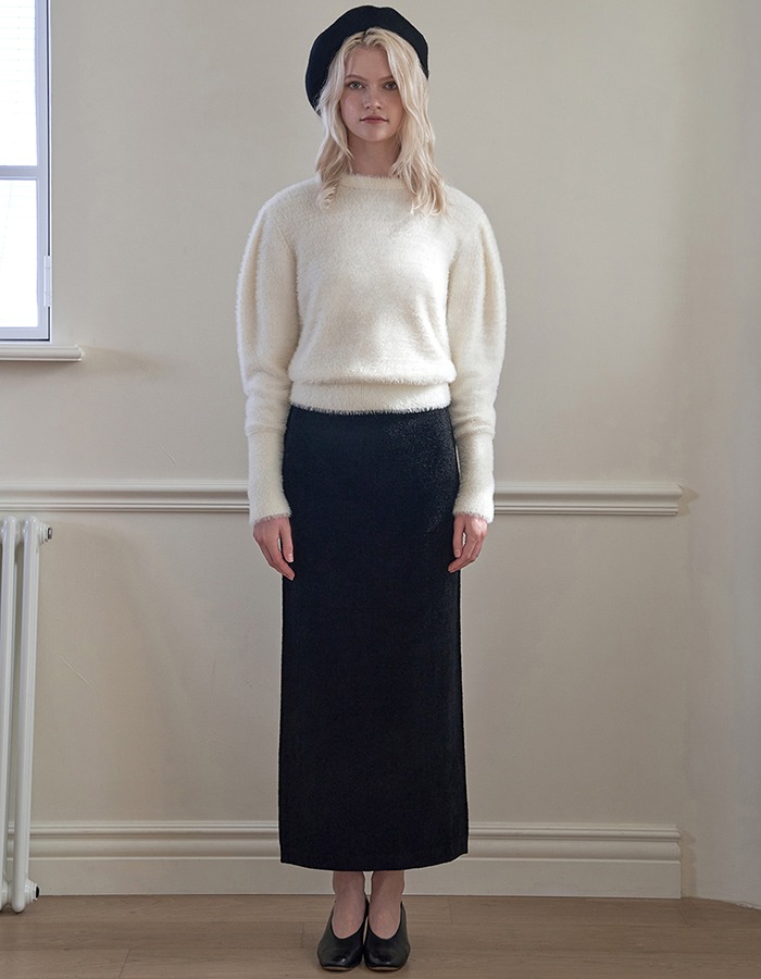 FLUID) Velvet Long Knit Skirt (Black)