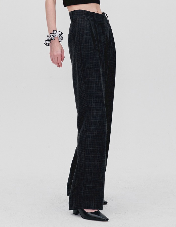 RE RHEE) CHECKED WIDE LEG TROUSERS MIX BLACK