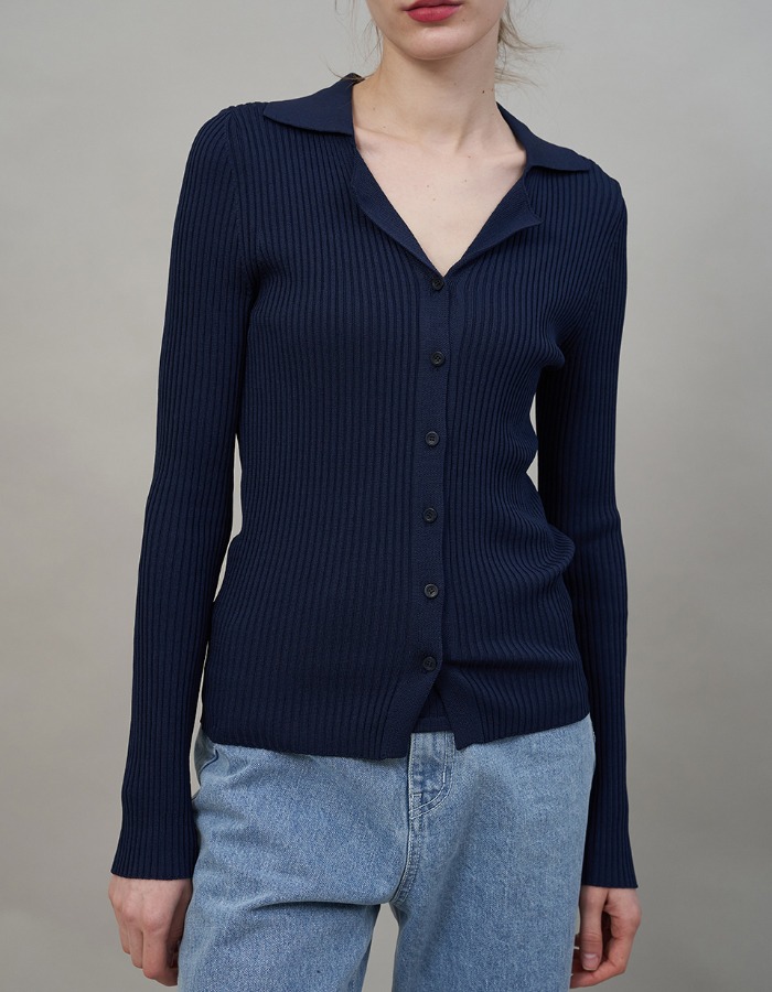 FLUID) Ribbed Collar Cardigan / Punching Knit Top Set (2color)