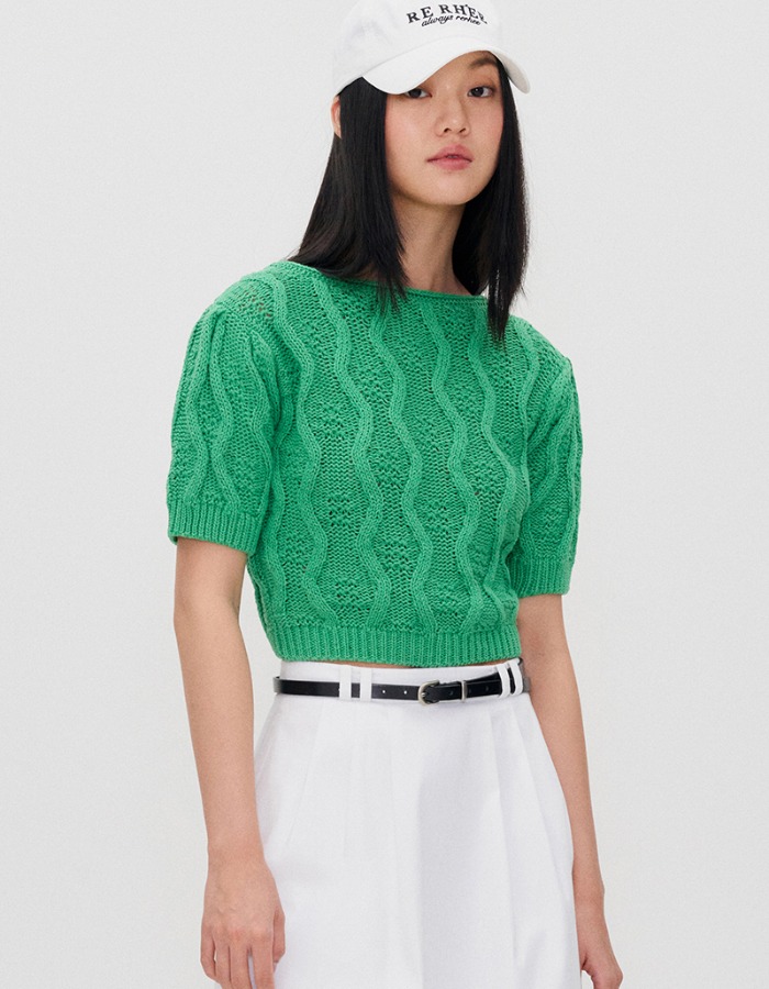 RE RHEE) CABLE KNIT CROPPED TOP GREEN