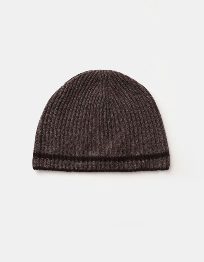 KNITLY) Wool Cotton Ribbed Line Beanie (Brown)