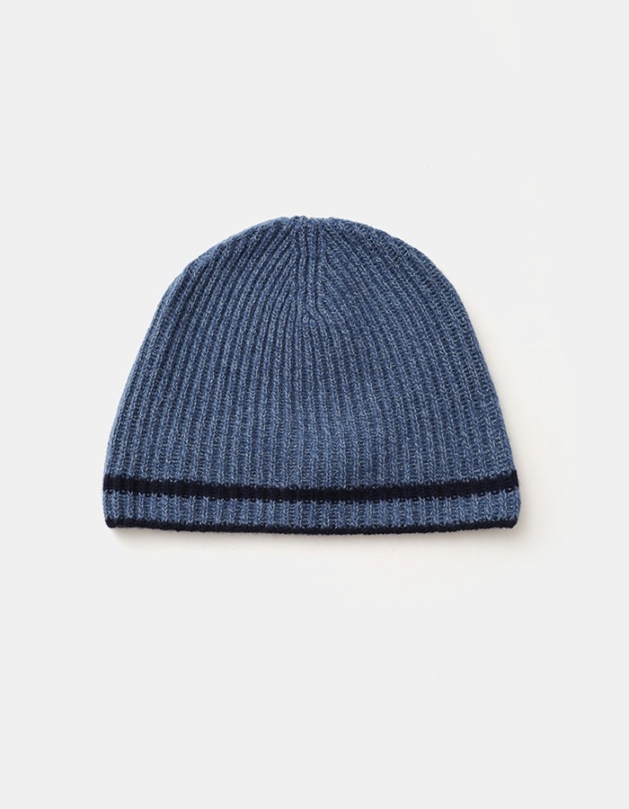KNITLY) Wool Cotton Ribbed Line Beanie (Blue)