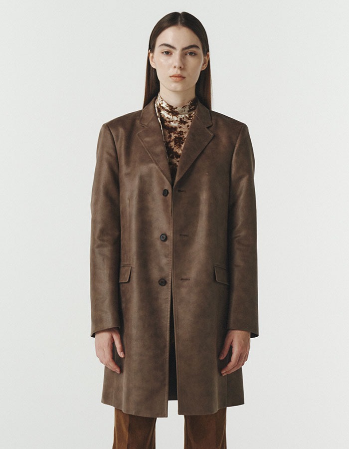 REPOS) OVER ECO LETHER LONG JACKET (BROWN)