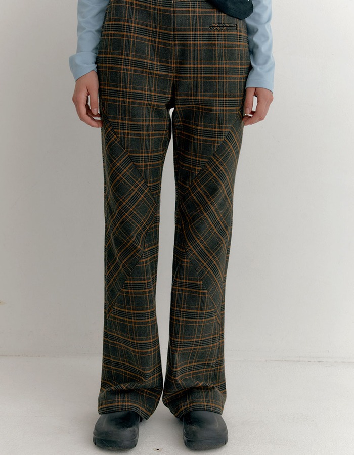 ENZO BLUES) Check Pannel  Bootscut Pants (Khaki)