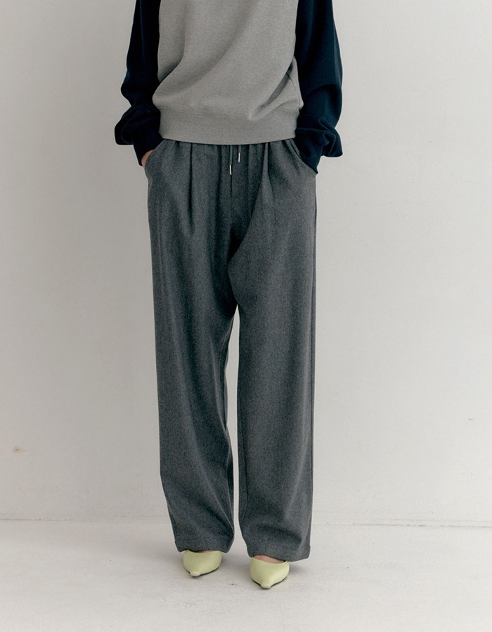 ENZO BLUES) Wool Wide Pintuck  Banding Pants (Grey)